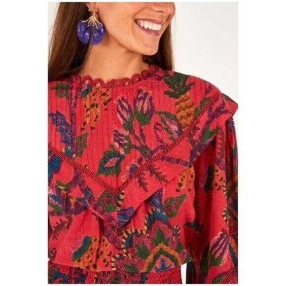 FARM Rio Mini Dress M  Tapestry Tropical Smocked Ruffle…Blush Pink Sunset - Picture 4 of 16